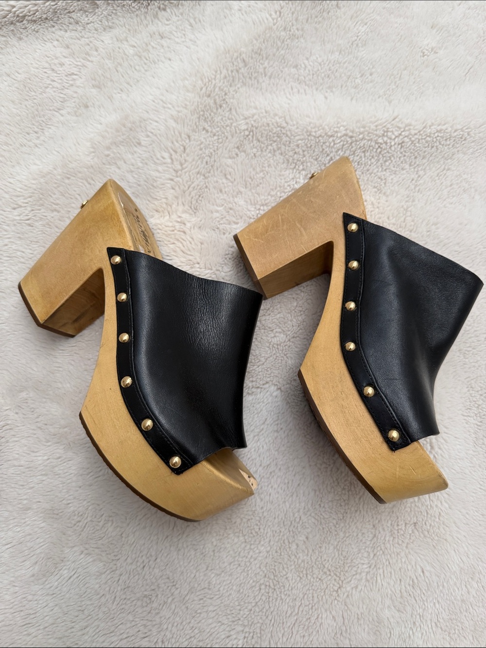 Michael Kors | Black Leather Clog Mules W/ Gold Studs & Wood Sole | 8 | Flaws*